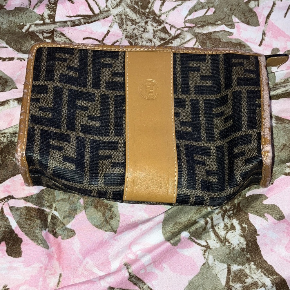 Vintage Fendi Brown & Tan FF Logo Canvas Zip Pouch